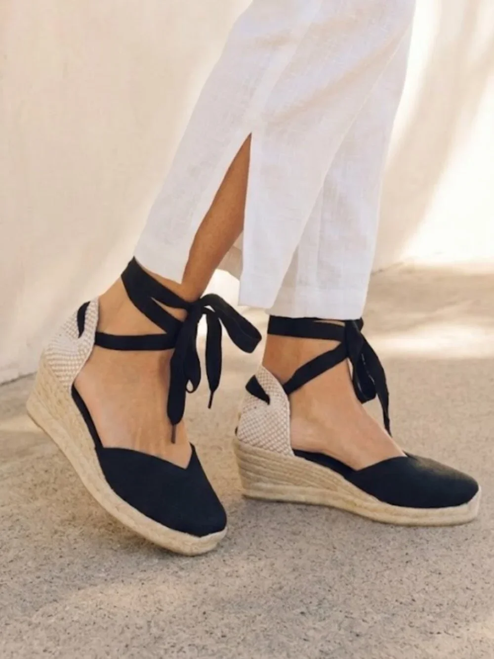 SOLUDOS Lyon Ankle Wrap Wedge Espadrille Sandals, Noche Black 7.5 NWOB